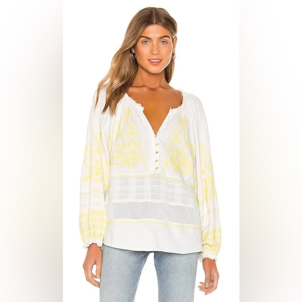 Free People White and Pale Yellow Embroidered Peasant Blouse